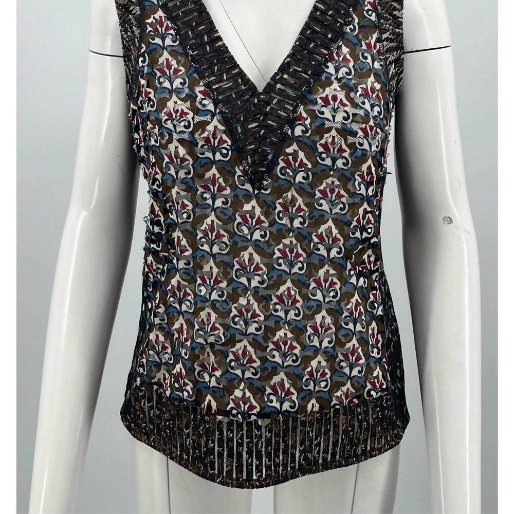 NEW BYRON LARS women's printed paillette v-neck zip tank in multi blue